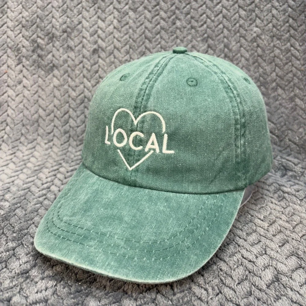 Adams Local Heart Embroidered Green Pigment Dyed Leather Strapback Dad Hat LP101